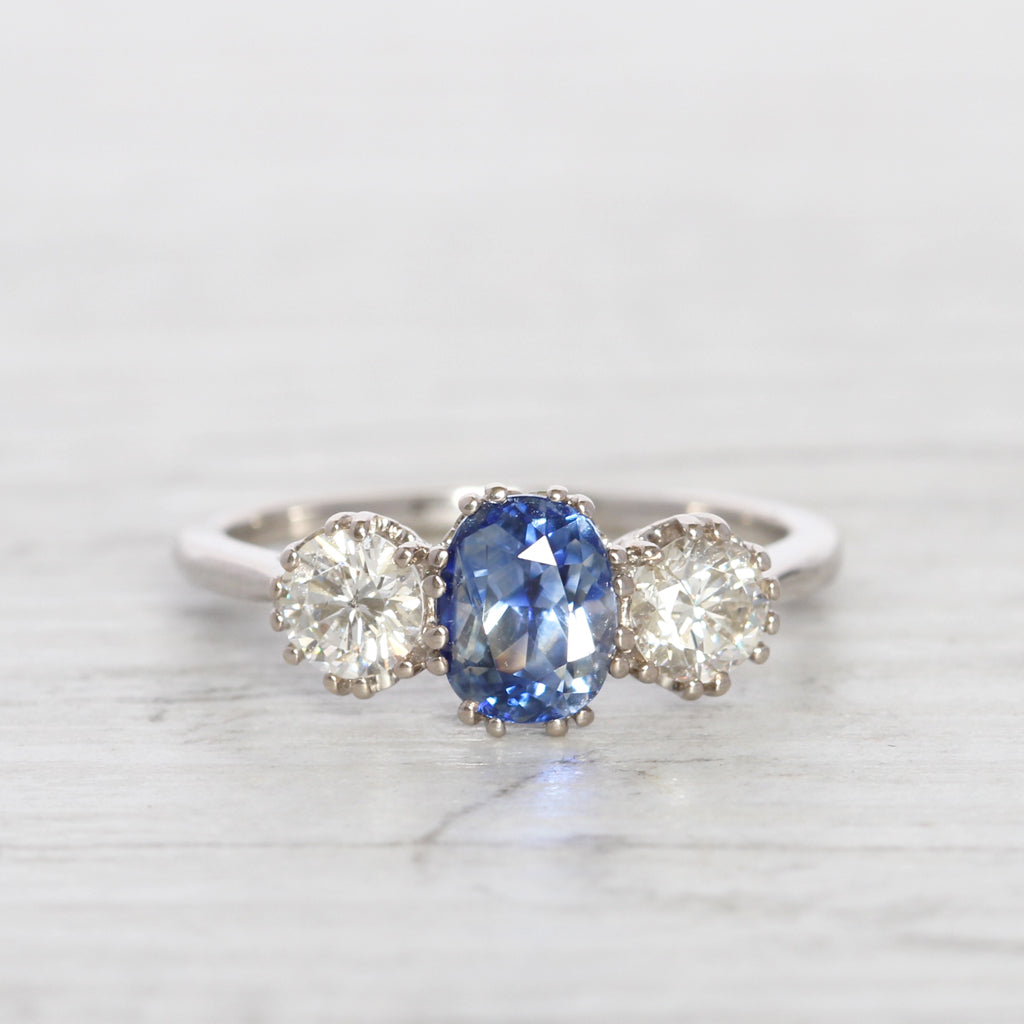 Vintage Style 1.34 Carat Cornflower Blue Sapphire and Diamond Three Stone