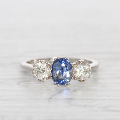 Vintage Style 1.34 Carat Cornflower Blue Sapphire and Diamond Three Stone