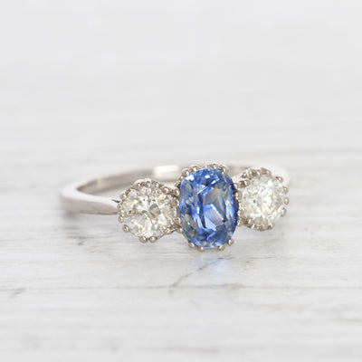 Vintage Style 1.34 Carat Cornflower Blue Sapphire and Diamond Three Stone