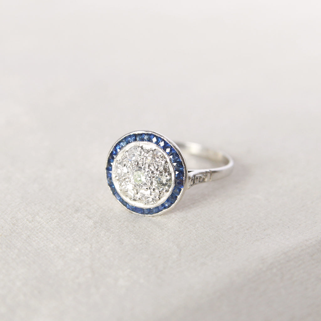 Art Deco Old Cut Diamond and Sapphire Target Cluster