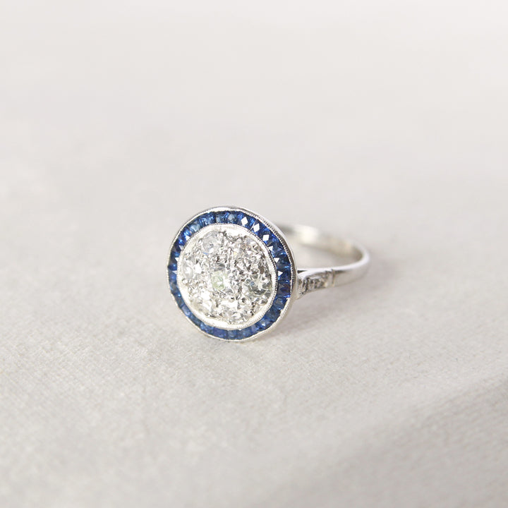 Art Deco Old Cut Diamond and Sapphire Target Cluster