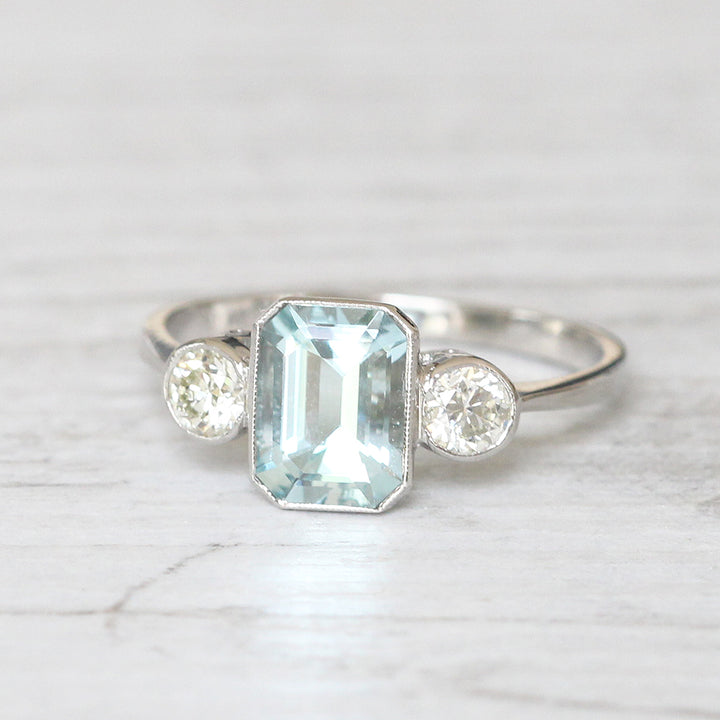 Vintage Style 1.30 Carat Aquamarine and Diamond Three Stone