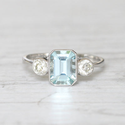 Vintage Style 1.30 Carat Aquamarine and Diamond Three Stone