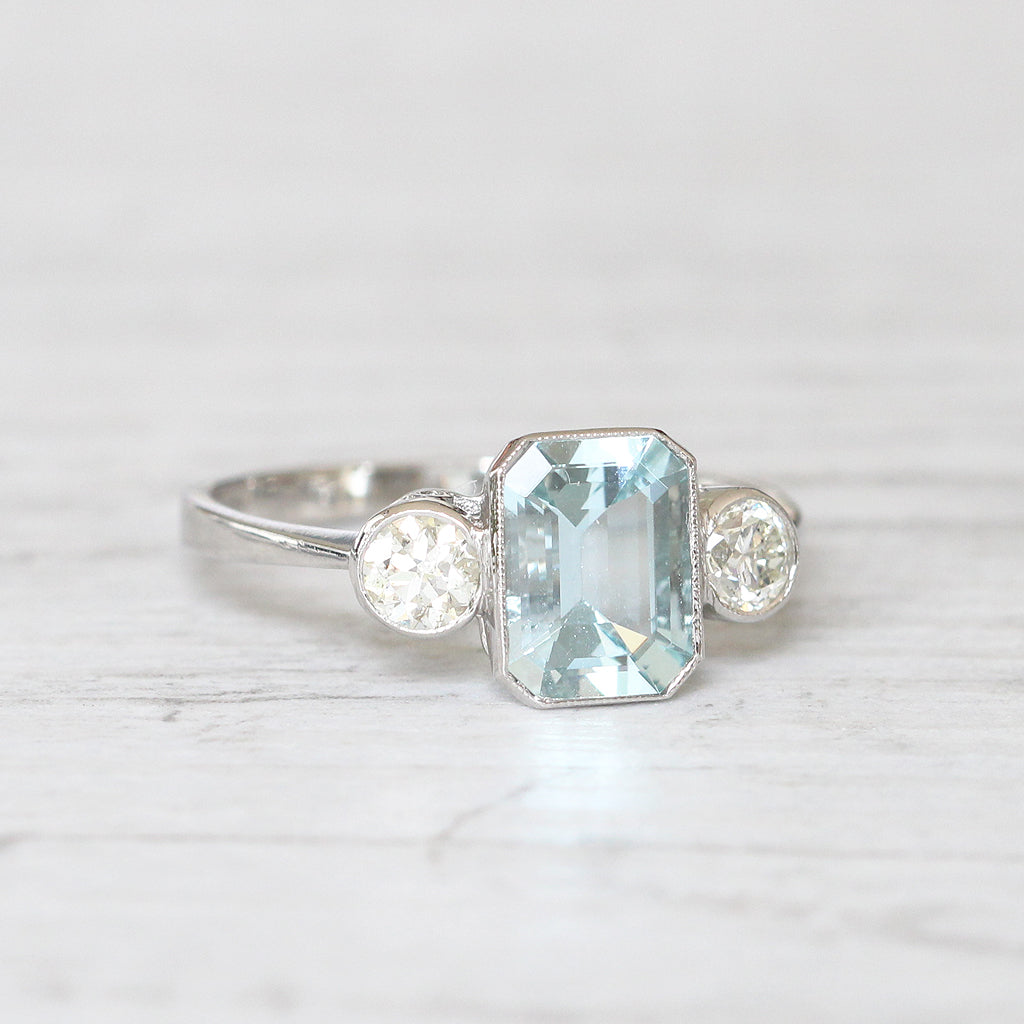 Vintage Style 1.30 Carat Aquamarine and Diamond Three Stone