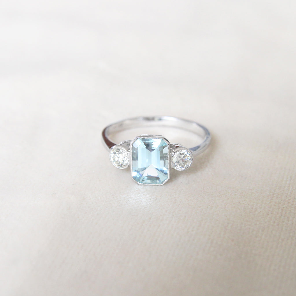 Vintage Style 1.30 Carat Aquamarine and Diamond Three Stone