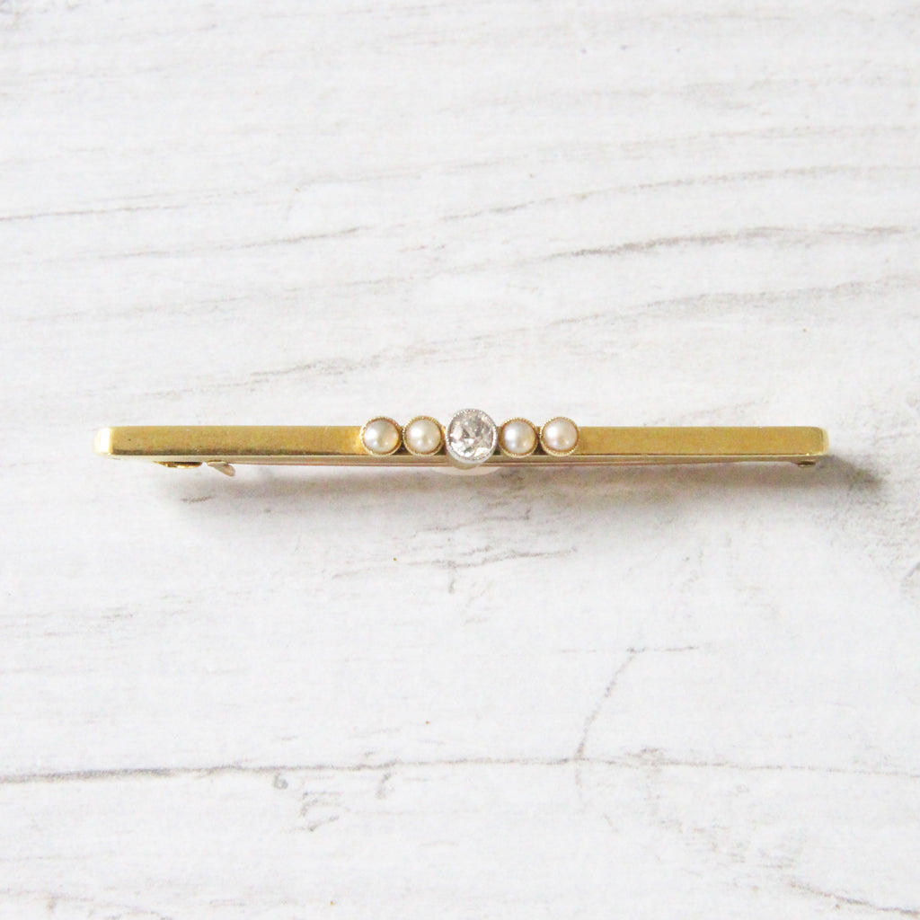 Edwardian Old Mine Cut Diamond and Pearl Stock Pin