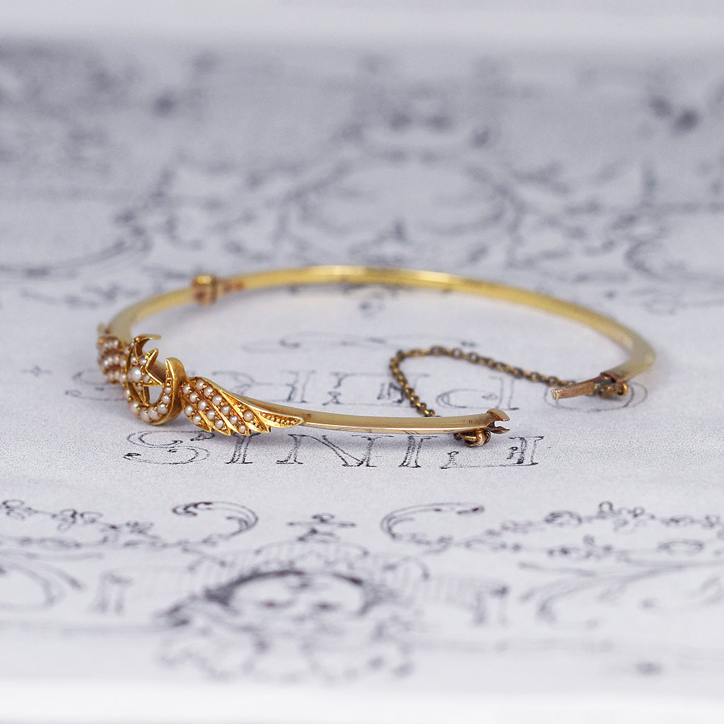 Victorian Crescent Moon, Star and Wing Pearl Bangle
