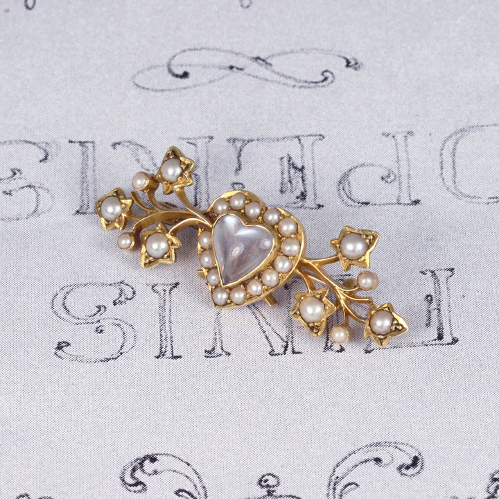 Victorian Heart Shape Moonstone and Pearl Brooch