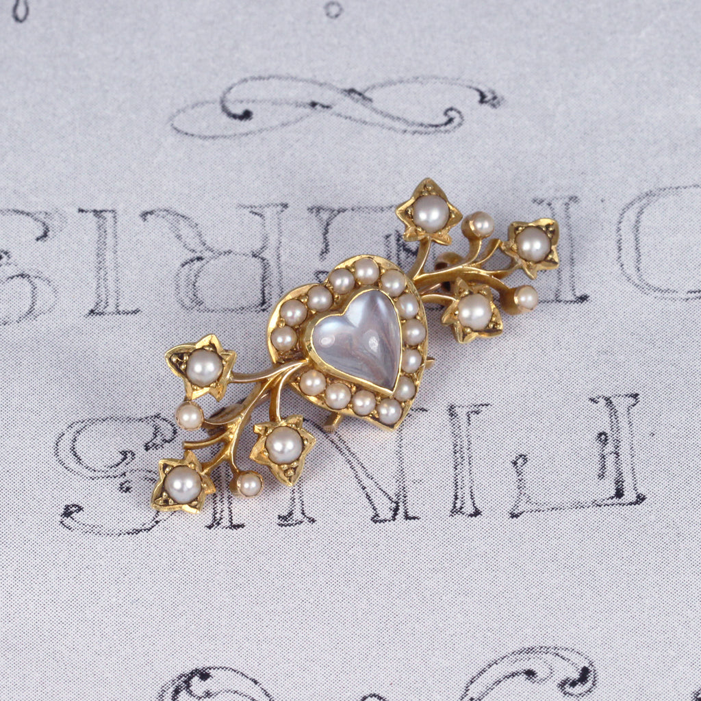 Victorian Heart Shape Moonstone and Pearl Brooch