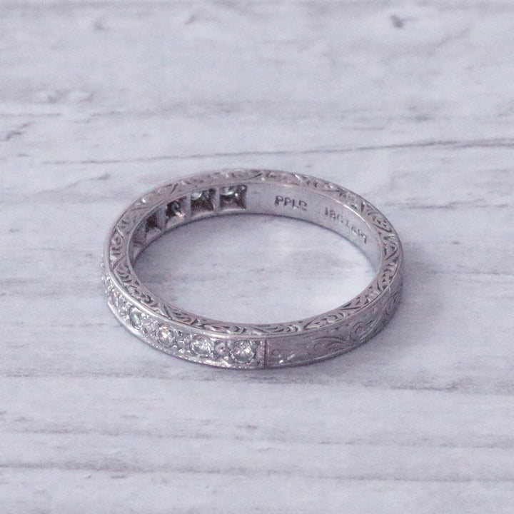 Vintage Single Cut Diamond Engraved Half Eternity Ring