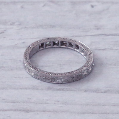 Vintage Single Cut Diamond Engraved Half Eternity Ring