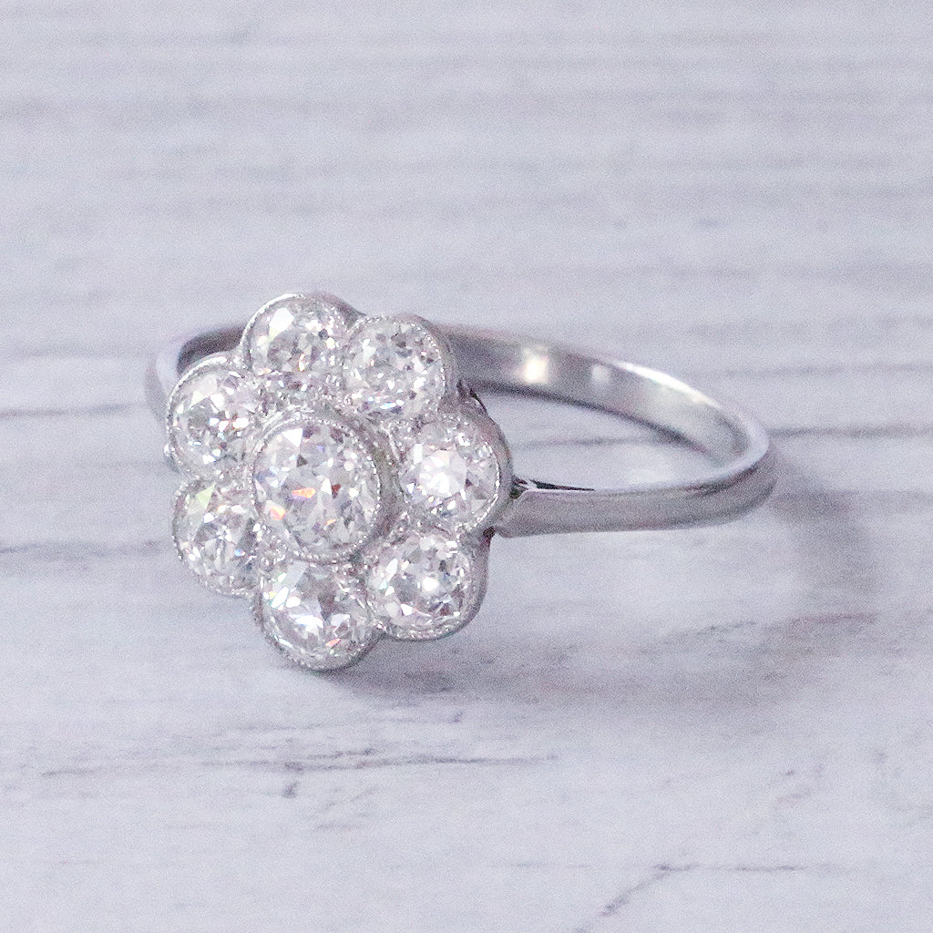 Edwardian 2.15 Carat Old Cut Diamond Daisy Cluster Ring