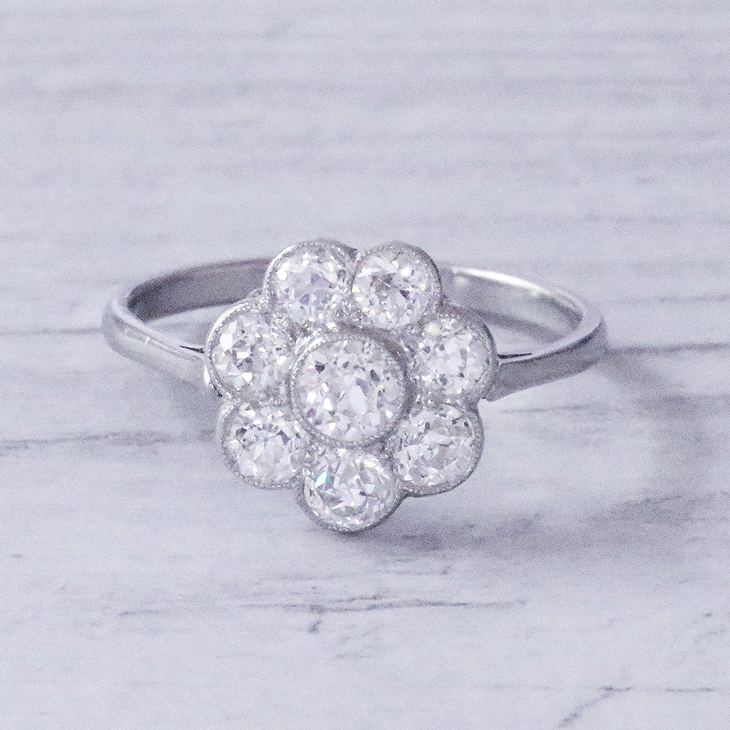 Edwardian 2.15 Carat Old Cut Diamond Daisy Cluster Ring