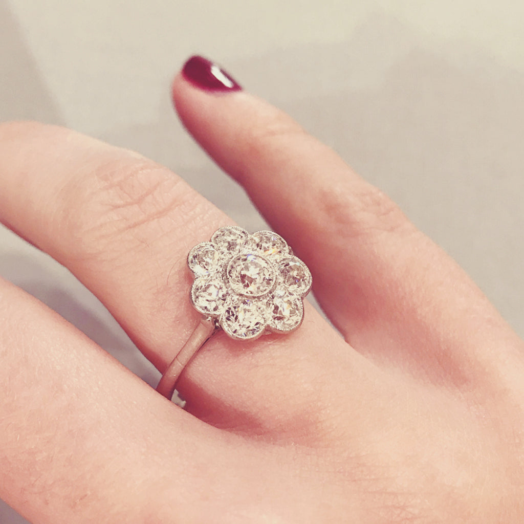 Edwardian 2.15 Carat Old Cut Diamond Daisy Cluster Ring