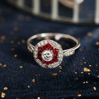 Art Deco Style Diamond & Ruby Target Cluster Ring