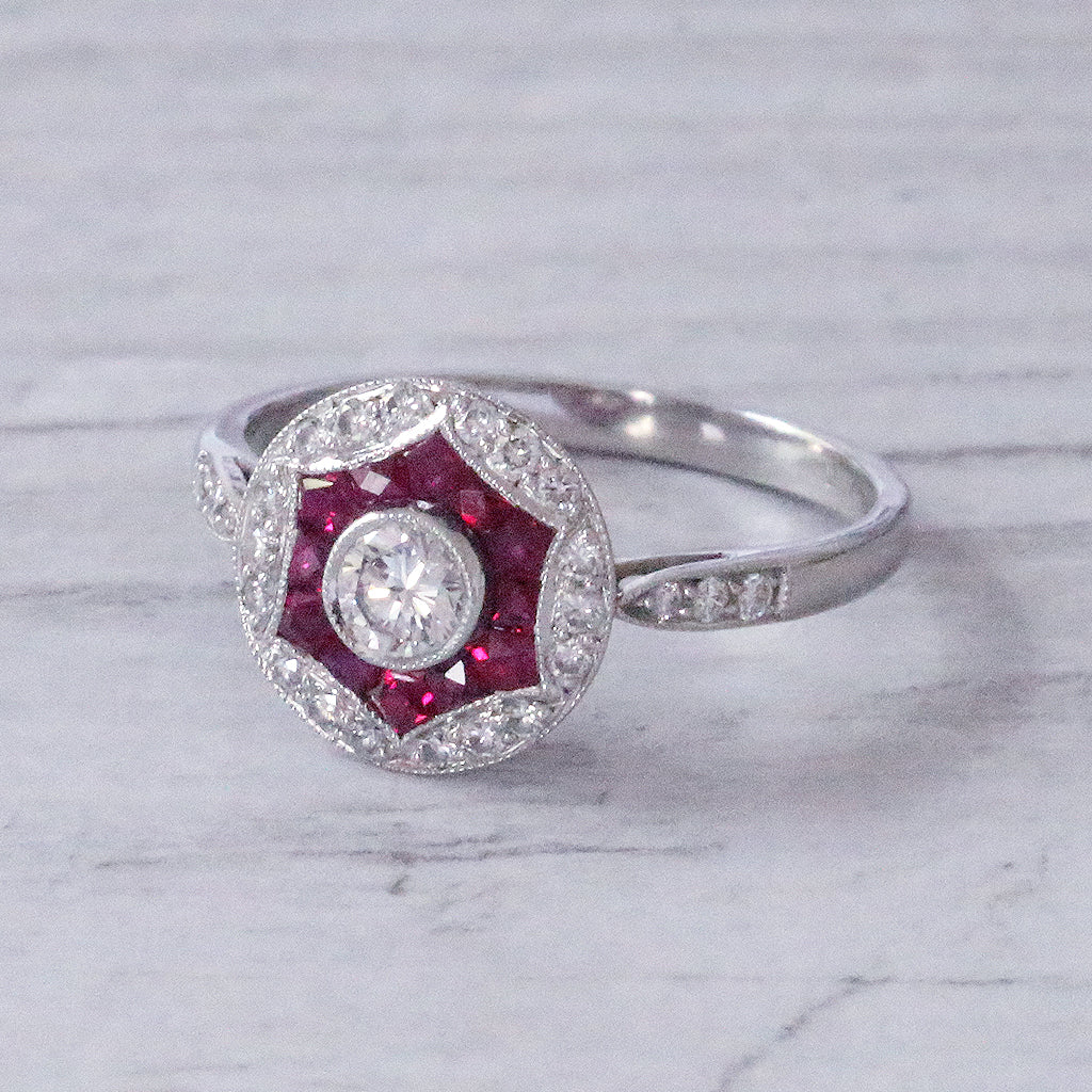 Art Deco Style Diamond & Ruby Target Cluster Ring