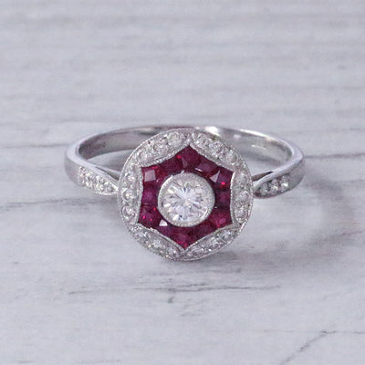 Art Deco Style Diamond & Ruby Target Cluster Ring