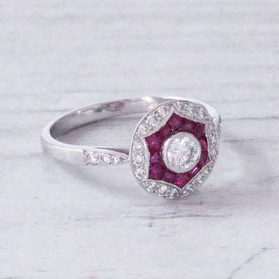 Art Deco Style Diamond & Ruby Target Cluster Ring