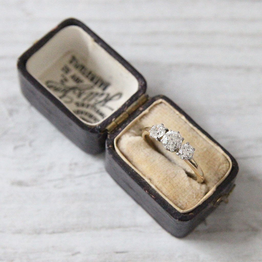 Edwardian 0.87 Carat Old European Cut Diamond Three Stone Ring