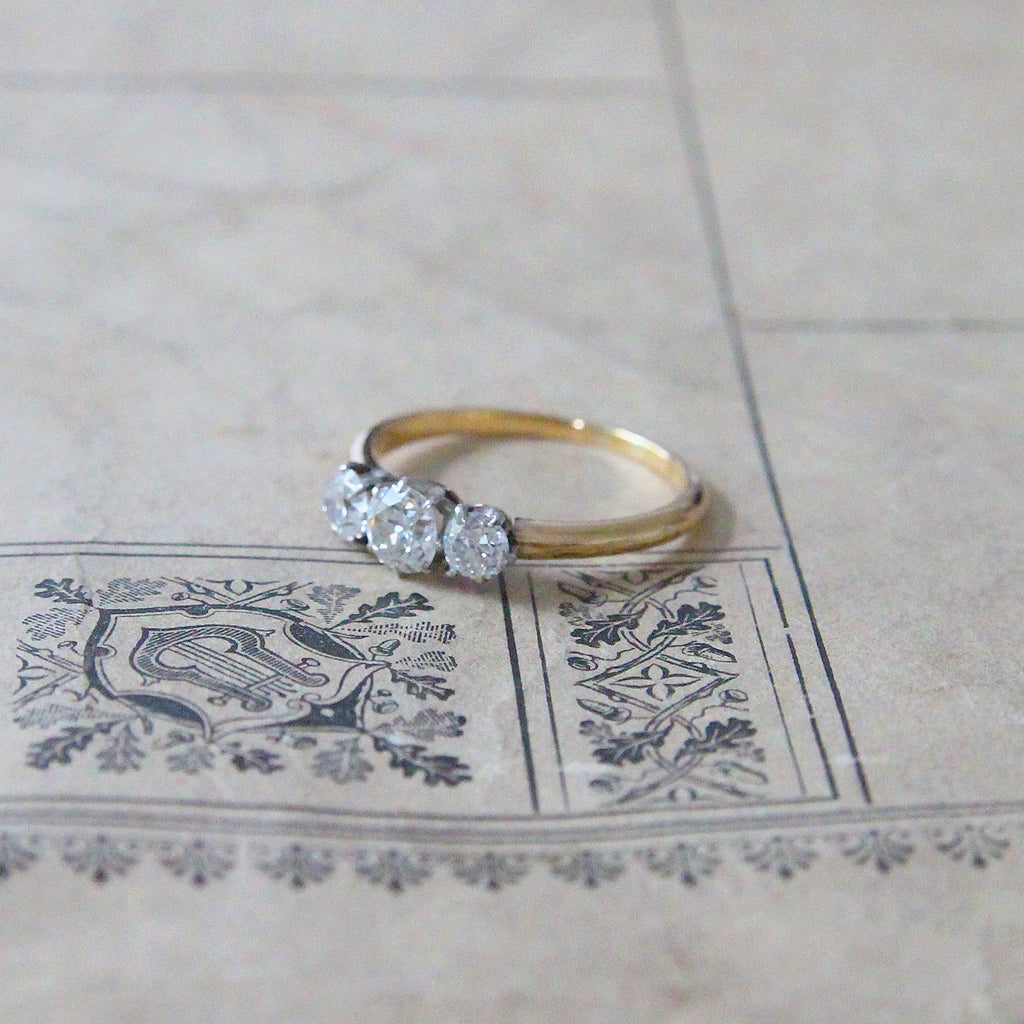 Edwardian 0.87 Carat Old European Cut Diamond Three Stone Ring