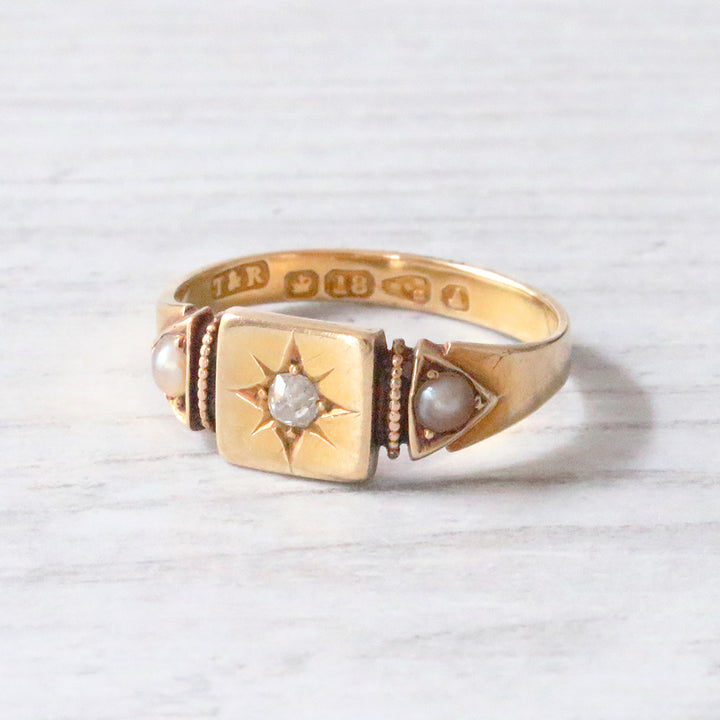 Victorian Old Mine Cut Diamond and Pearl Ring 1884