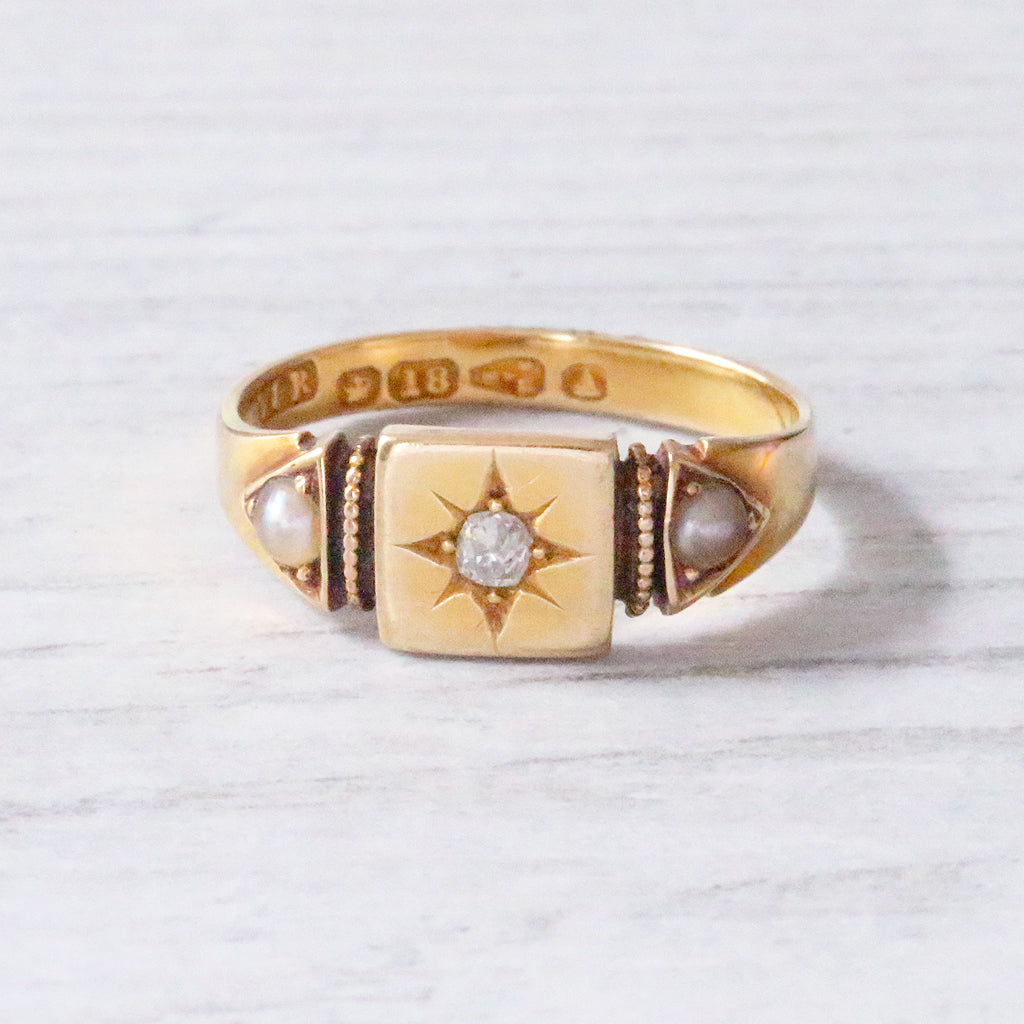 Victorian Old Mine Cut Diamond and Pearl Ring 1884