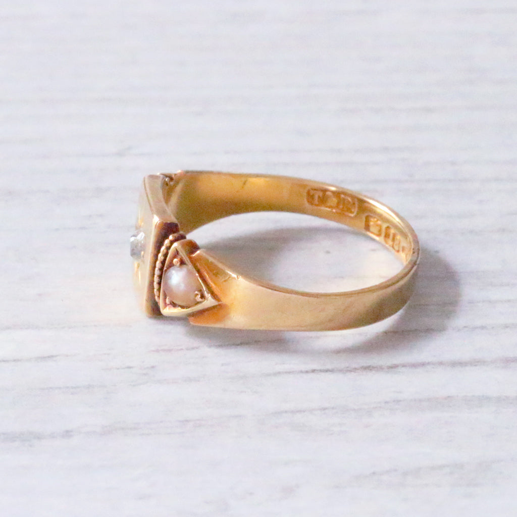 Victorian Old Mine Cut Diamond and Pearl Ring 1884