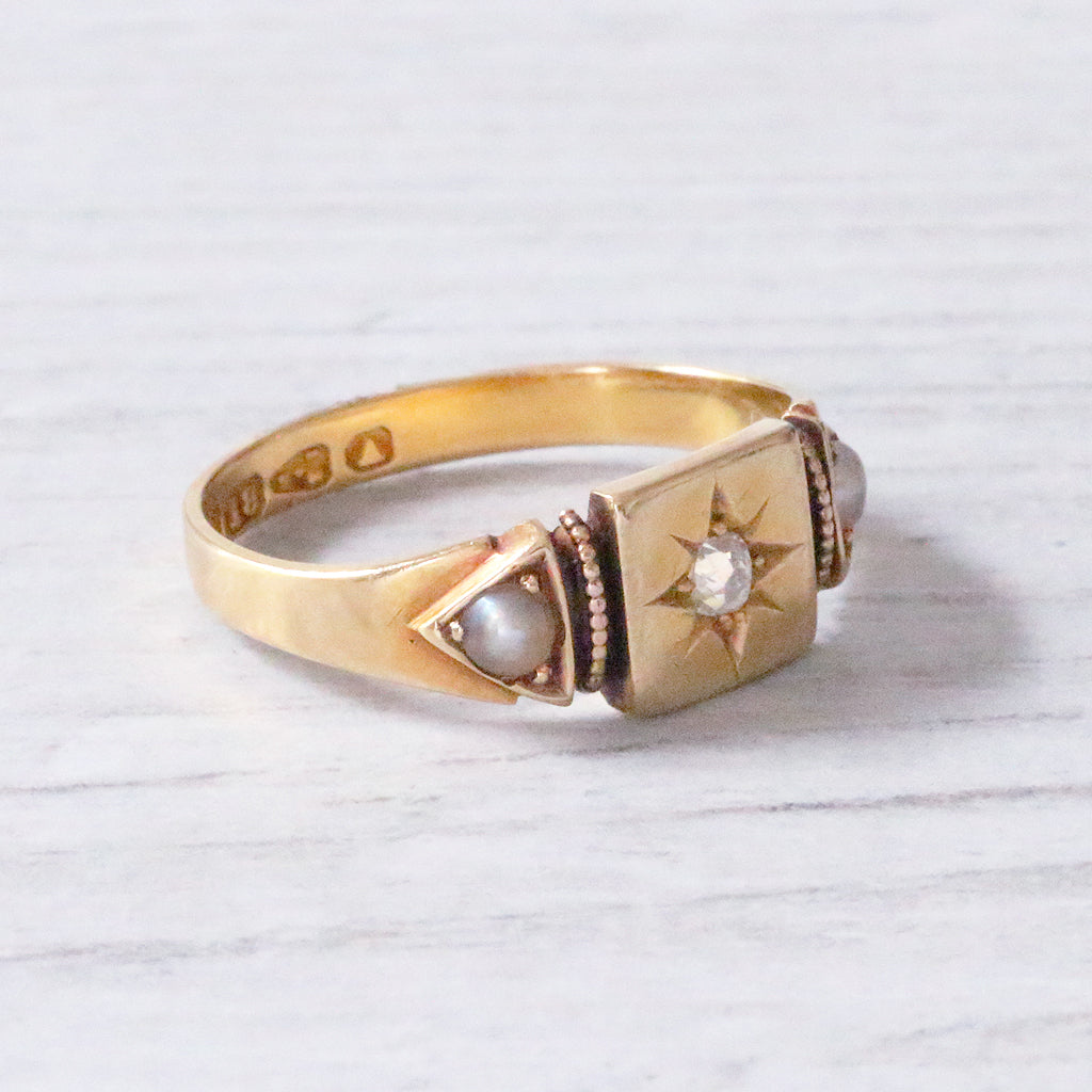 Victorian Old Mine Cut Diamond and Pearl Ring 1884