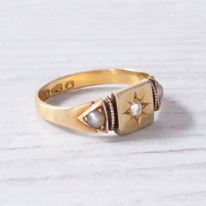 Victorian Old Mine Cut Diamond and Pearl Ring 1884