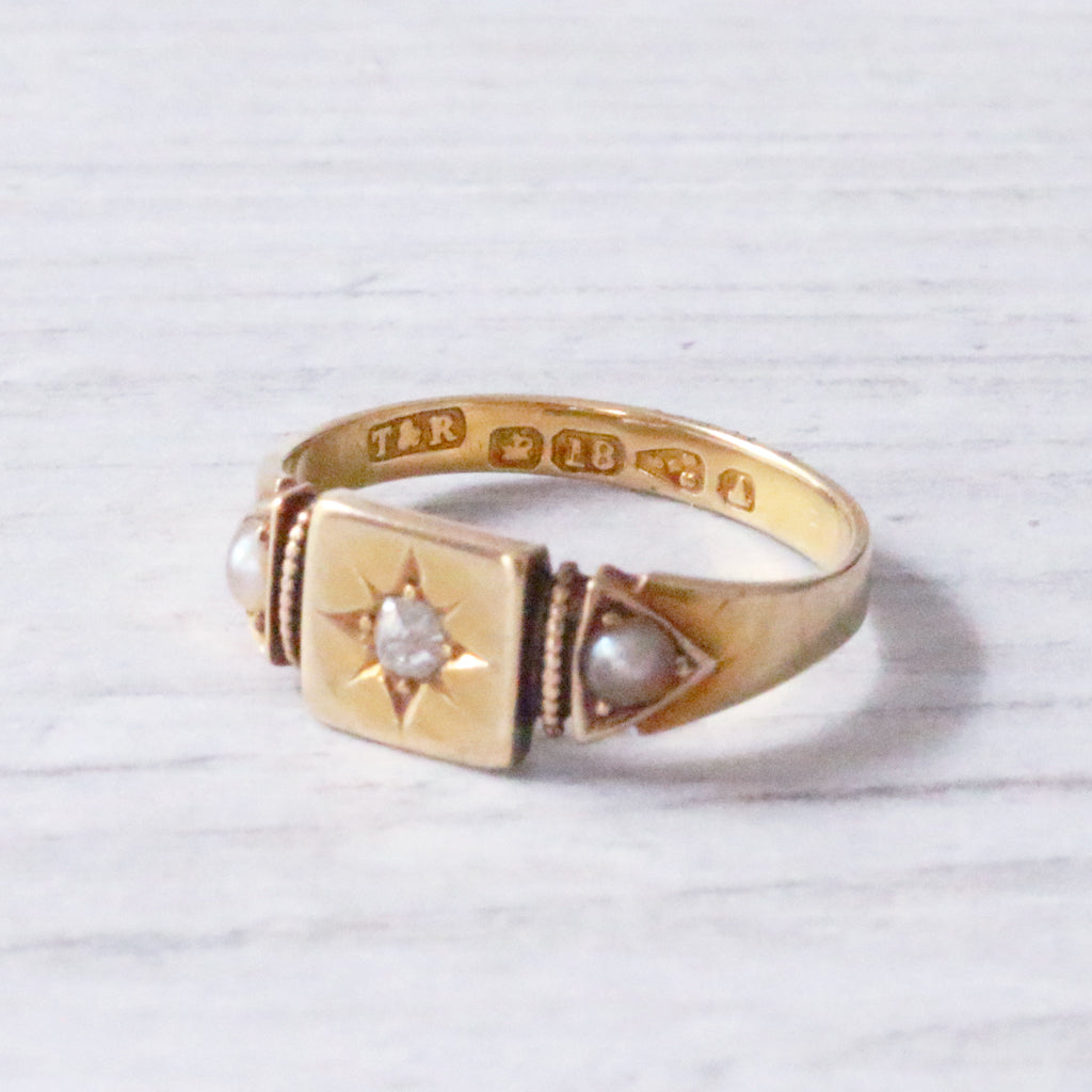 Victorian Old Mine Cut Diamond and Pearl Ring 1884