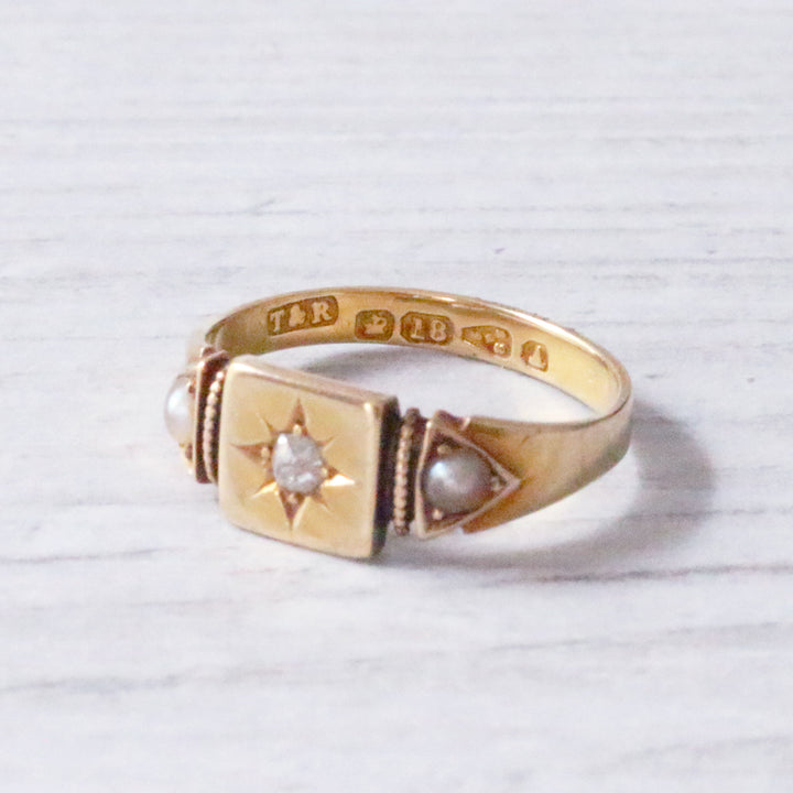 Victorian Old Mine Cut Diamond and Pearl Ring 1884