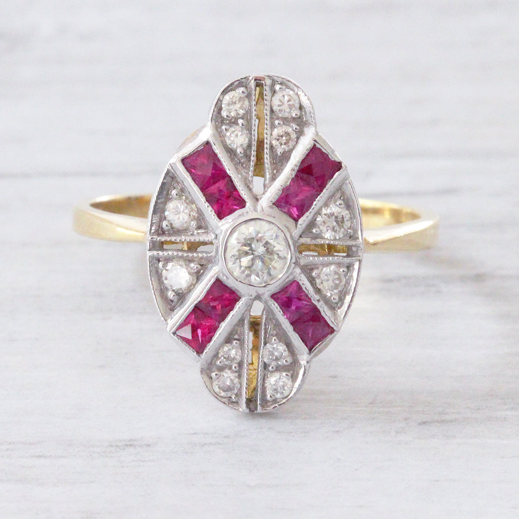 Vintage Brilliant Cut Diamond and Calibré Cut Ruby Cluster