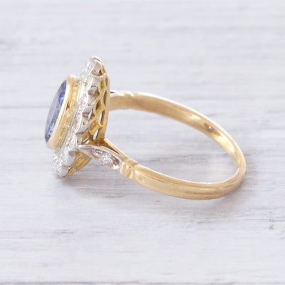 Vintage Ceylon Sapphire and Diamond Oval Cluster Ring