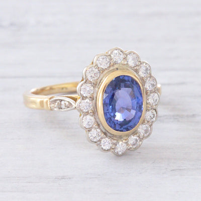 Vintage Ceylon Sapphire and Diamond Oval Cluster Ring