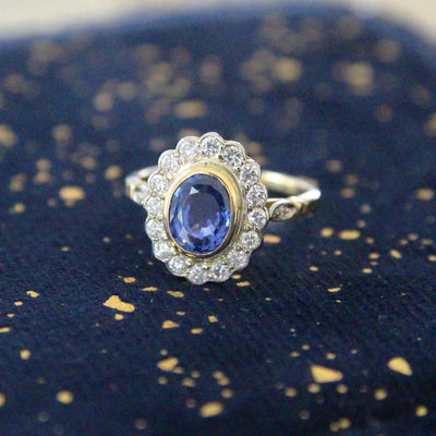 Vintage Ceylon Sapphire and Diamond Oval Cluster Ring