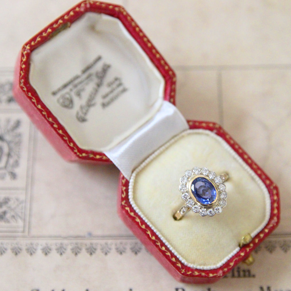 Vintage Ceylon Sapphire and Diamond Oval Cluster Ring