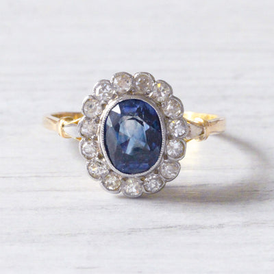 Edwardian Sapphire and Diamond Oval Cluster Ring