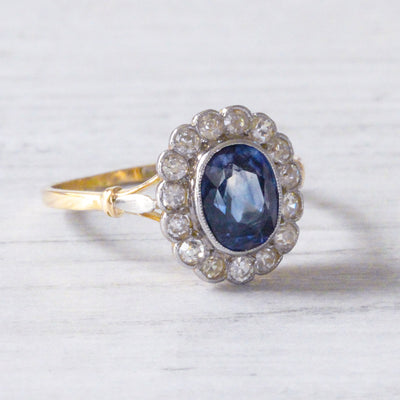 Edwardian Sapphire and Diamond Oval Cluster Ring