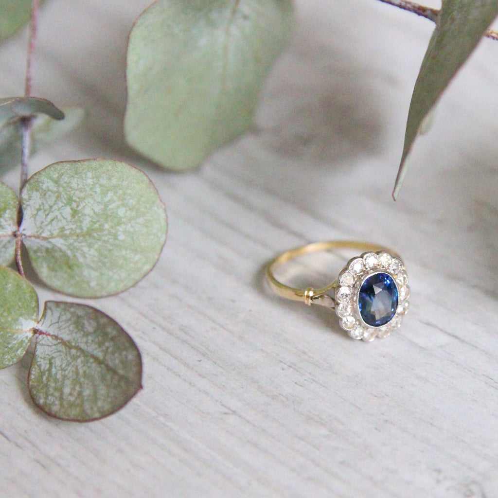 Edwardian Sapphire and Diamond Oval Cluster Ring