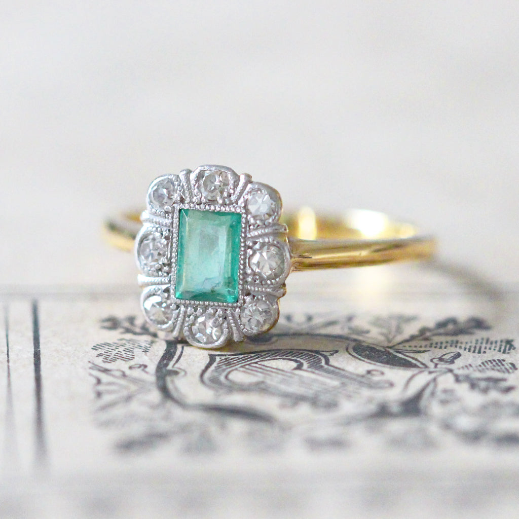 Edwardian Emerald and Diamond Cluster Ring