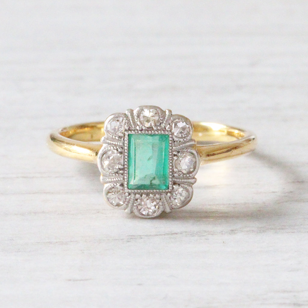 Edwardian Emerald and Diamond Cluster Ring