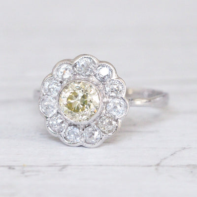 Art Deco 1.62 Carat Lemon Old Cut Diamond Daisy Cluster Ring