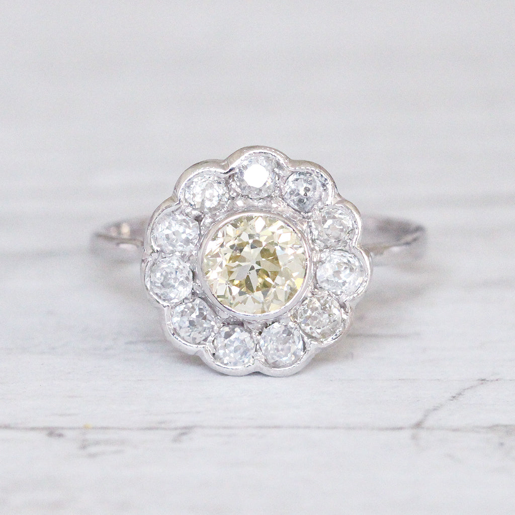 Art Deco 1.62 Carat Lemon Old Cut Diamond Daisy Cluster Ring