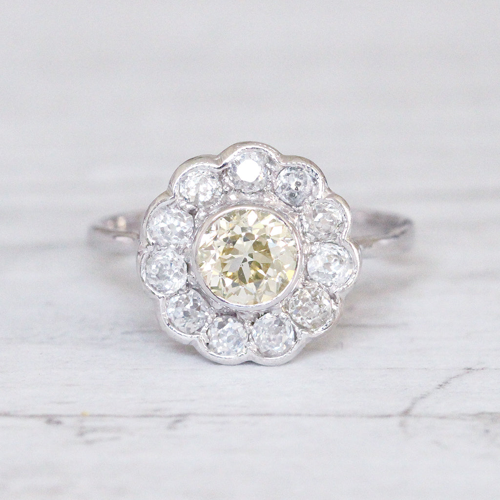 Art Deco 1.62 Carat Lemon Old Cut Diamond Daisy Cluster Ring