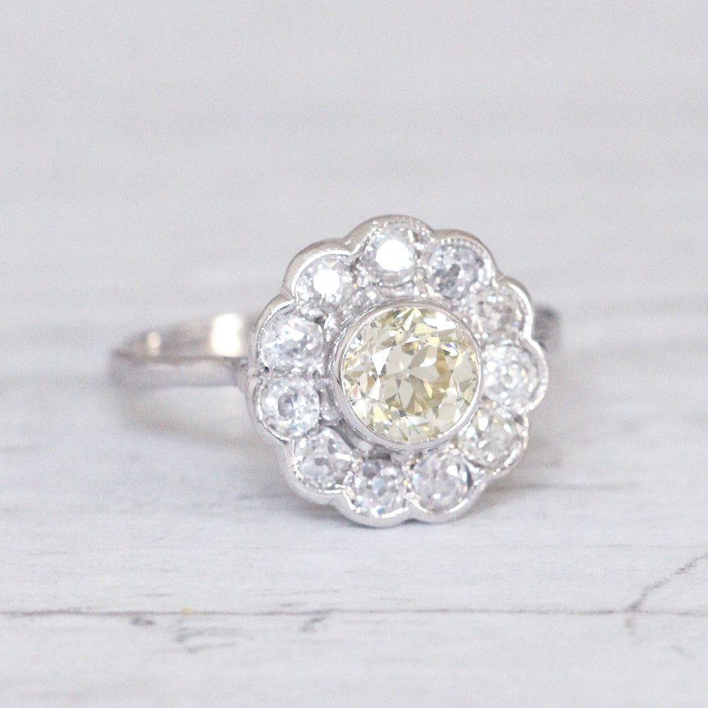 Art Deco 1.62 Carat Lemon Old Cut Diamond Daisy Cluster Ring