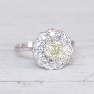 Art Deco 1.62 Carat Lemon Old Cut Diamond Daisy Cluster Ring