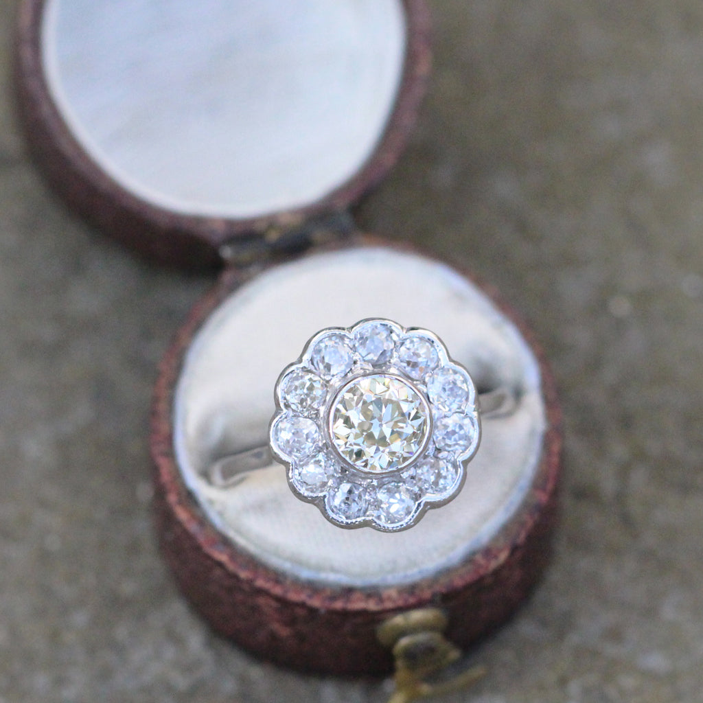 Art Deco 1.62 Carat Lemon Old Cut Diamond Daisy Cluster Ring