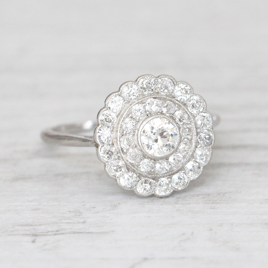 Art Deco 1.08 Carat Old European Cut Diamond Double Halo Ring