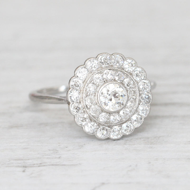 Art Deco 1.08 Carat Old European Cut Diamond Double Halo Ring