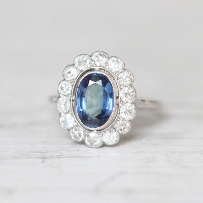 Art Deco 1.35 Carat Verneuil Sapphire and Old Cut Diamond Cluster